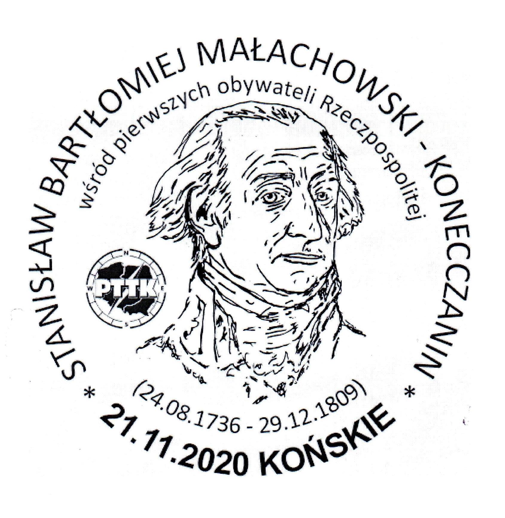 Wizerunek Stanisława Małachowskiego z tekstem w otoku: Stanisław Bartłomiej Małachowski - Konecczanin wśród pierwszych obywateli Rzeczpospolitej i datą 21.11.2020 r.